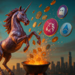 a gleaming pink Uniswap unicorn statue rearing beside a blazing bronze cauldron as gold coins arc into the fire, with three prominent metal tokens floating midair bearing the Uniswap, Aave (ghost), and Lido (droplet) logos against a bright teal–orange city skyline at golden hour.