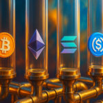 Ethereum, Solana, USDC, and Bitcoin glow within the transparent tubes against a bright, warm-cool urban backdrop