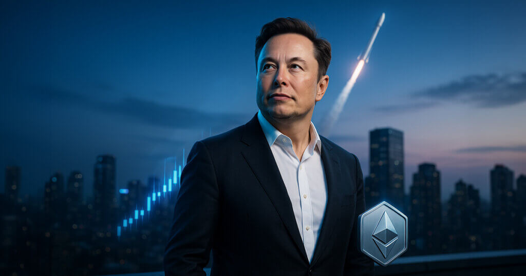 portrait shows Elon Musk on a city rooftop with cool teal, cobalt, and magenta rim light, a silver Ethereum emblem hovering near him,