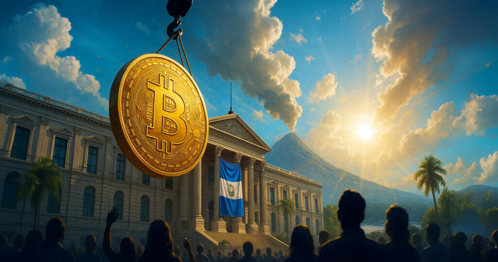 A cinematic wide shot shows a massive golden Bitcoin being hoisted by a crane before a sunlit El Salvador government building draped with blue-white flags, with a smoking volcano and cheering silhouettes in the background.