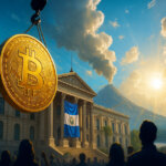 A cinematic wide shot shows a massive golden Bitcoin being hoisted by a crane before a sunlit El Salvador government building draped with blue-white flags, with a smoking volcano and cheering silhouettes in the background.