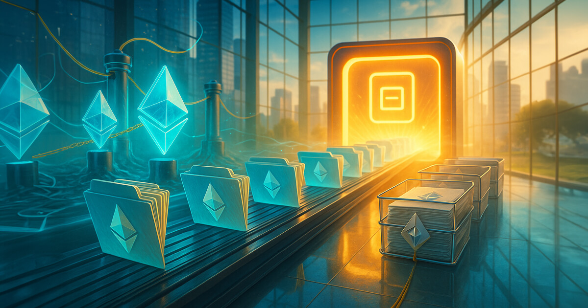 Ethereum-logo folders glide along a sunlit conveyor toward a glowing portal as tethered crystal ETH tokens rise from validator posts, symbolizing a staked ETH ETF filing surge.