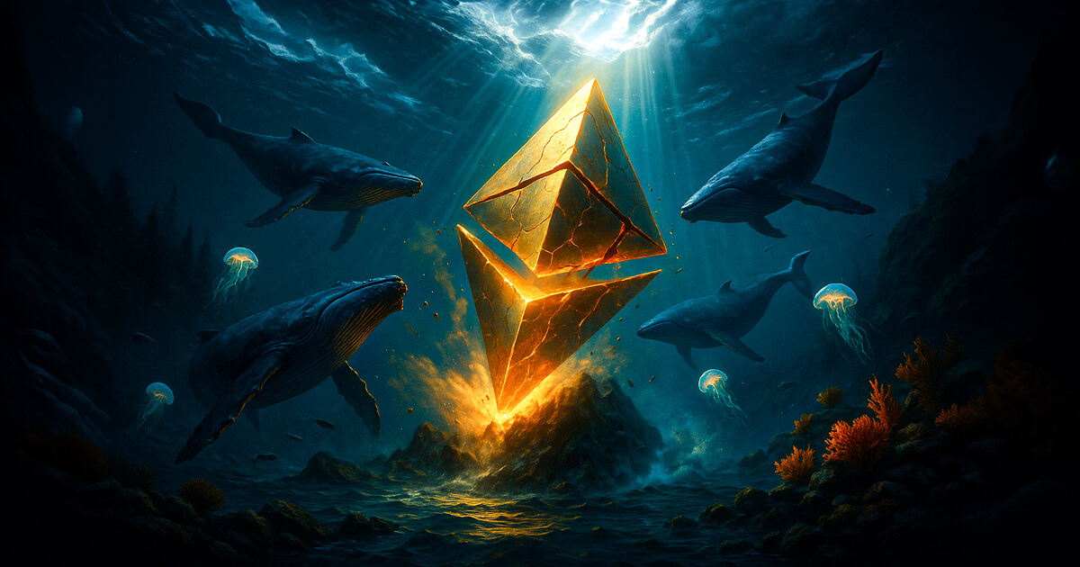 Sunbeams pierce stormy water as a colossal, cracked golden Ethereum crystal slams into an abyssal trench, scattering silt and bioluminescent jellyfish while four humpback whales wheel around the glowing impact.