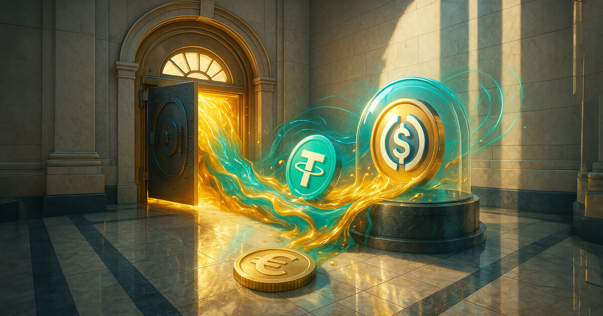 A stream of glowing golden energy flows from an open bank vault toward large Tether and USDC coins under glass, with a Euro coin on the floor in a marble hall.