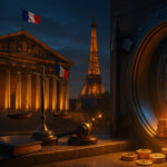 Paris night scene shows the Palais Bourbon and Eiffel Tower glowing while a tricolor-lit vault bursts with gleaming Bitcoin stacks opposite a bronze scale and gavel, capturing the tension between taxation and a sovereign bitcoin reserve with dramatic lighting and a soft, realistic glow.