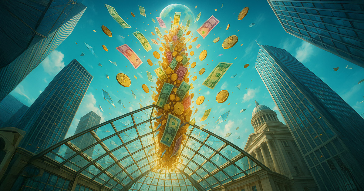 A bright cinematic scene shows a column of multi-currency banknotes and gleaming coins blasting upward through a glass atrium roof into a vivid blue sky, surrounded by sunlit skyscrapers and a domed central-bank façade.