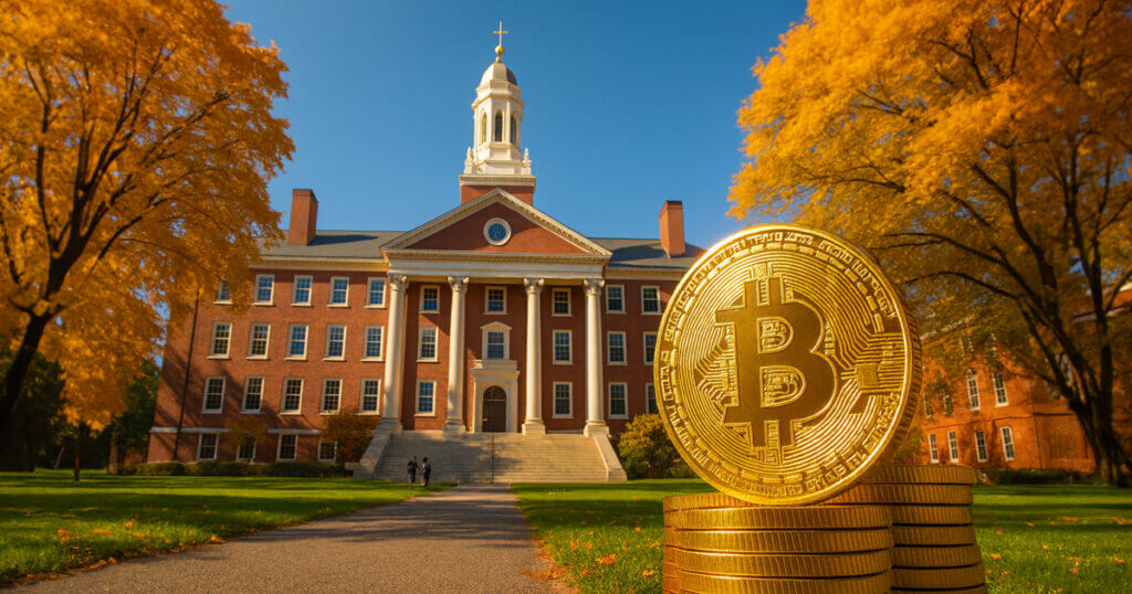 a Harvard-like red-brick building rising behind a towering gleaming stack of Bitcoin coins in the right foreground, framed by vivid golden autumn trees under a bright blue sky.