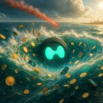 An ultra-realistic ocean maelstrom shaped like the Hyperliquid logo swallows tumbling gold coins and hardware wallets under bright coastal sun with a distant city on the horizon.