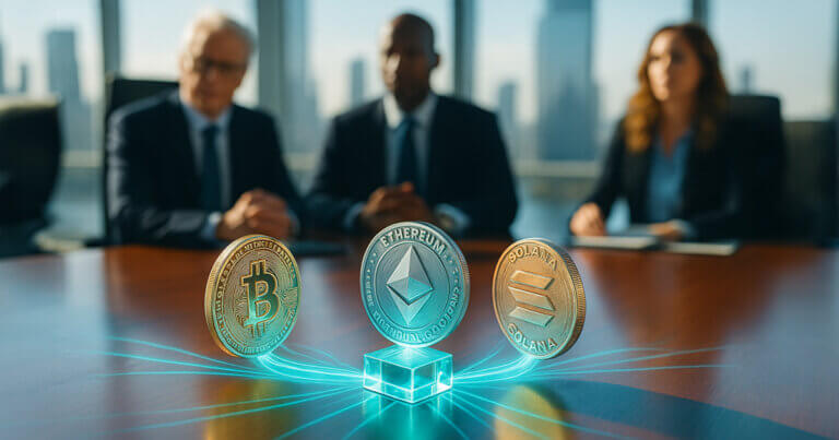 a modern boardroom where Bitcoin, Ethereum, and Solana coins glow with a vibrant soft teal light, symbolizing institutional integration with DeFi.