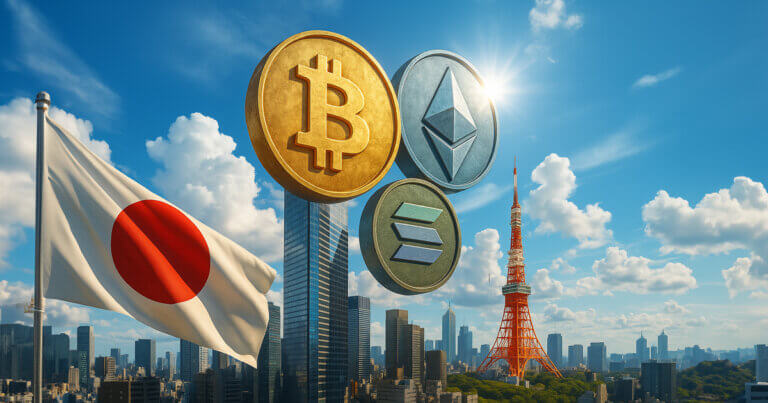 A dramatic midday Tokyo skyline shows a vivid Japanese flag and three massive metallic Bitcoin, Ethereum, and Solana coins towering above gleaming skyscrapers and Tokyo Tower under a bright blue sky with billowing clouds.