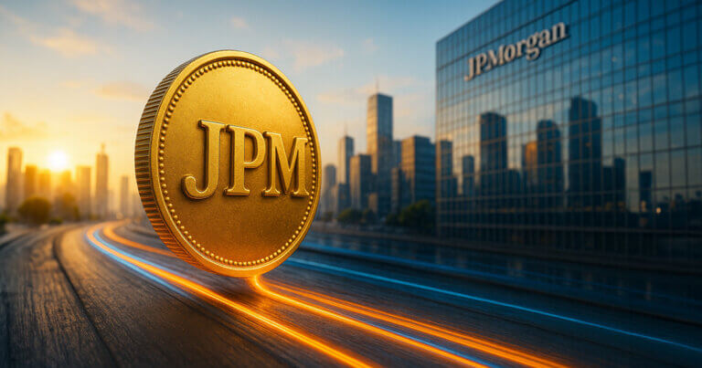 A hyper-realistic scene shows a smaller gold JPM coin gliding along neon-orange and blue rails through an ultrawide cityscape, with the glass facade of a JP Morgan building dominating the background.