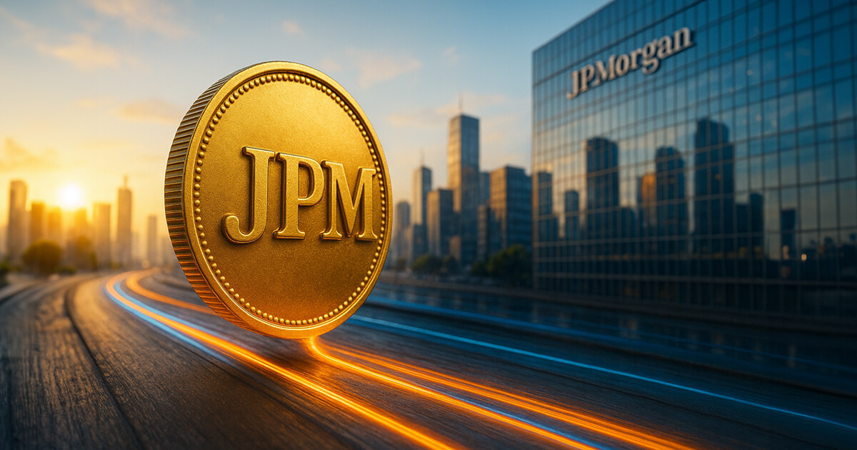 A hyper-realistic scene shows a smaller gold JPM coin gliding along neon-orange and blue rails through an ultrawide cityscape, with the glass facade of a JP Morgan building dominating the background.