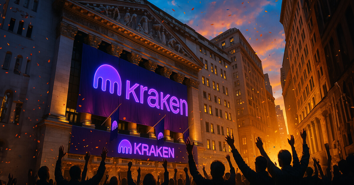 A jubilant crowd with raised hands fills the foreground of a sunlit Wall Street as the NYSE façade glows with massive neon-purple Kraken banners and confetti drifts through a vivid orange-and-blue evening sky.