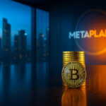 a sleek boardroom at dusk with a vibrant Tokyo skyline, featuring only a gleaming stack of Bitcoin coins on the reflective table and the softly glowing Metaplanet logo in the background