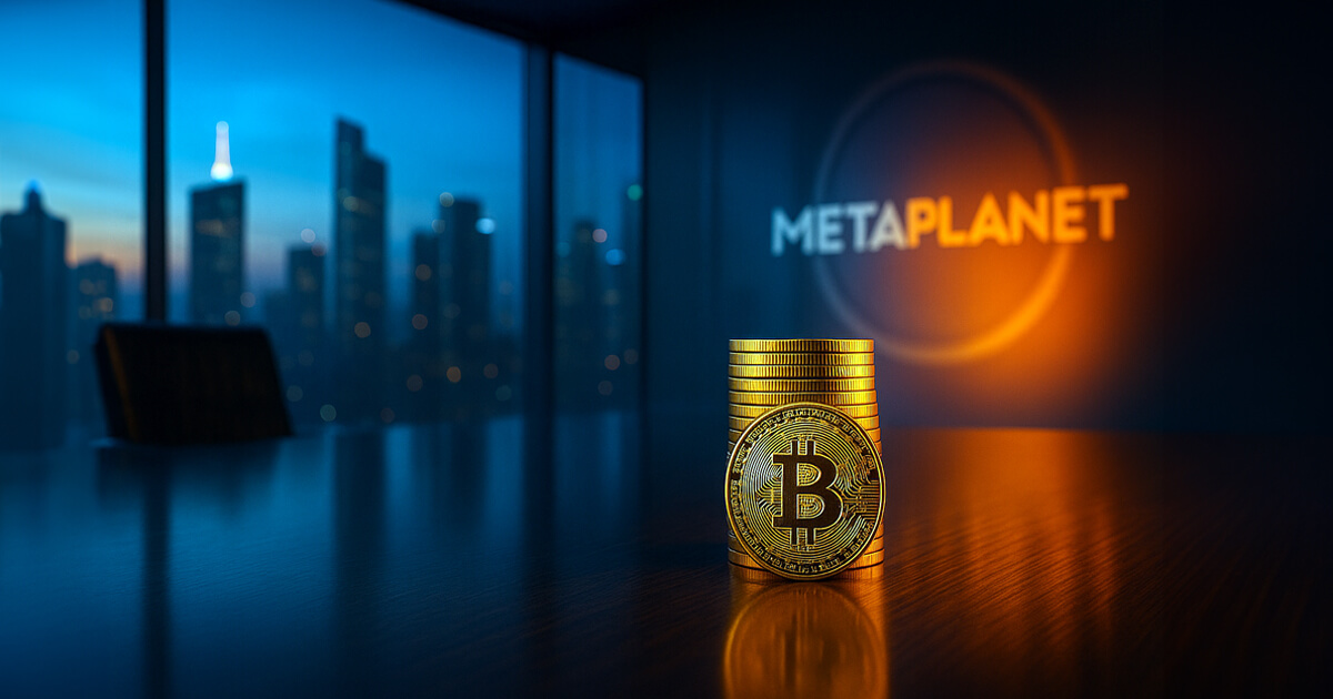 a sleek boardroom at dusk with a vibrant Tokyo skyline, featuring only a gleaming stack of Bitcoin coins on the reflective table and the softly glowing Metaplanet logo in the background