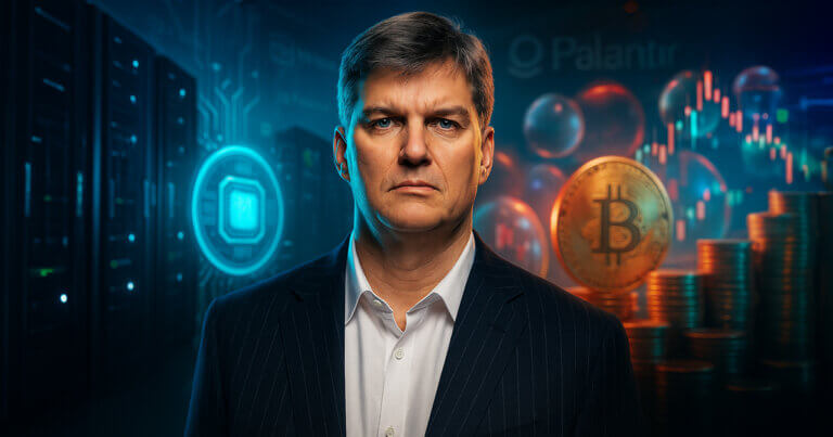 portrait of Michael Burry in a pinstripe suit with a crisp white shirt, set against a split backdrop of cool teal AI server racks and chip iconography on the left and vibrant blue-magenta market bubbles, Bitcoin stacks, and subtle Nvidia/Palantir motifs on the right