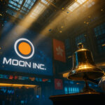 a gleaming brass opening bell on a New York trading floor with sunbeams, confetti, and US/Hong Kong flags, featuring the attached Moon Inc. logo glowing on a giant screen amid vibrant teal–gold soft lighting.