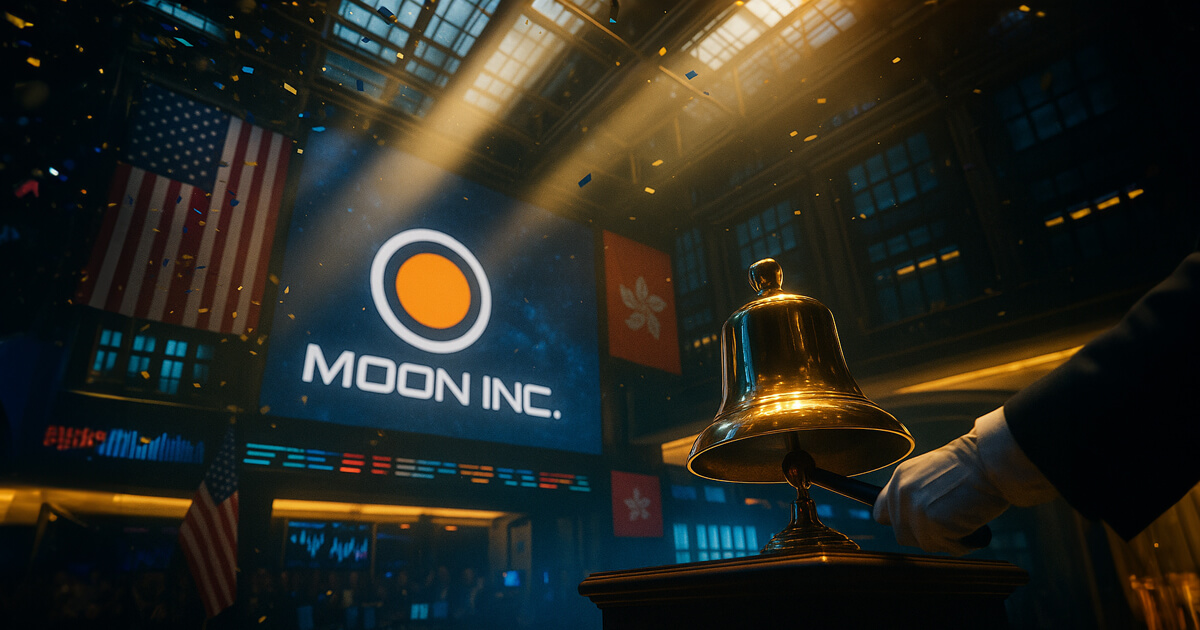 a gleaming brass opening bell on a New York trading floor with sunbeams, confetti, and US/Hong Kong flags, featuring the attached Moon Inc. logo glowing on a giant screen amid vibrant teal–gold soft lighting.