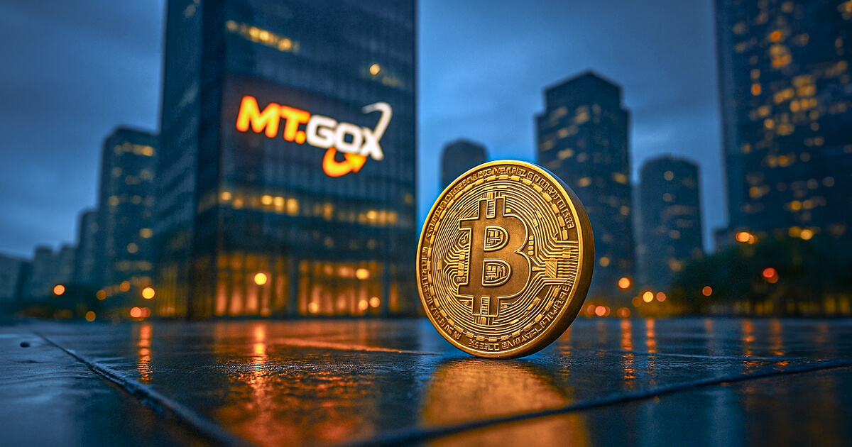 A low-angle cinematic shot shows a softly glowing golden Bitcoin standing on wet urban pavement at dusk, with the illuminated Mt. Gox logo on a glass skyscraper and vibrant teal-and-orange city lights reflecting subtly around it.