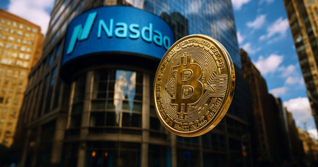 Nasdaq building facade with a floating glassy-textured Bitcoin coin in vibrant daylight