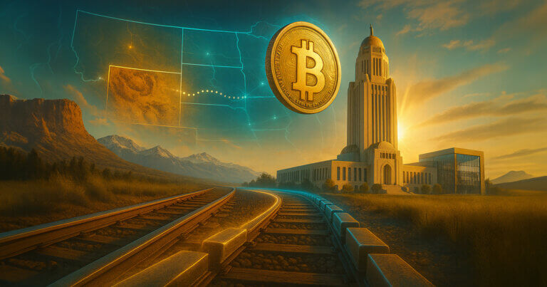 , brushed-gold Bitcoin coin with crisp milled edges replaces the token above Nebraska’s Capitol as luminous teal rails curve in from Wyoming under bright, cinematic light.