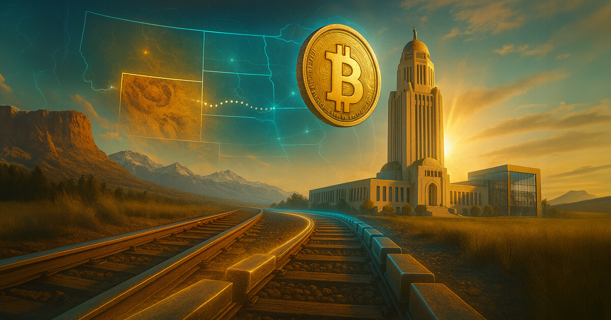 , brushed-gold Bitcoin coin with crisp milled edges replaces the token above Nebraska’s Capitol as luminous teal rails curve in from Wyoming under bright, cinematic light.