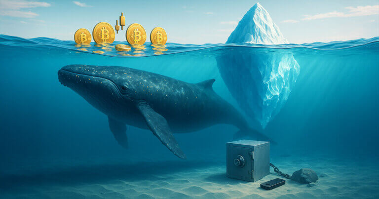 Sunlit turquoise water reveals a colossal whale cruising beneath floating gold Bitcoin coins, while a gleaming vault and hardware wallet rest on the bright seabed, hinting that most activity remains hidden below the surface.
