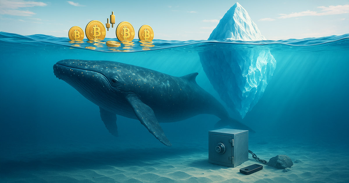 Sunlit turquoise water reveals a colossal whale cruising beneath floating gold Bitcoin coins, while a gleaming vault and hardware wallet rest on the bright seabed, hinting that most activity remains hidden below the surface.