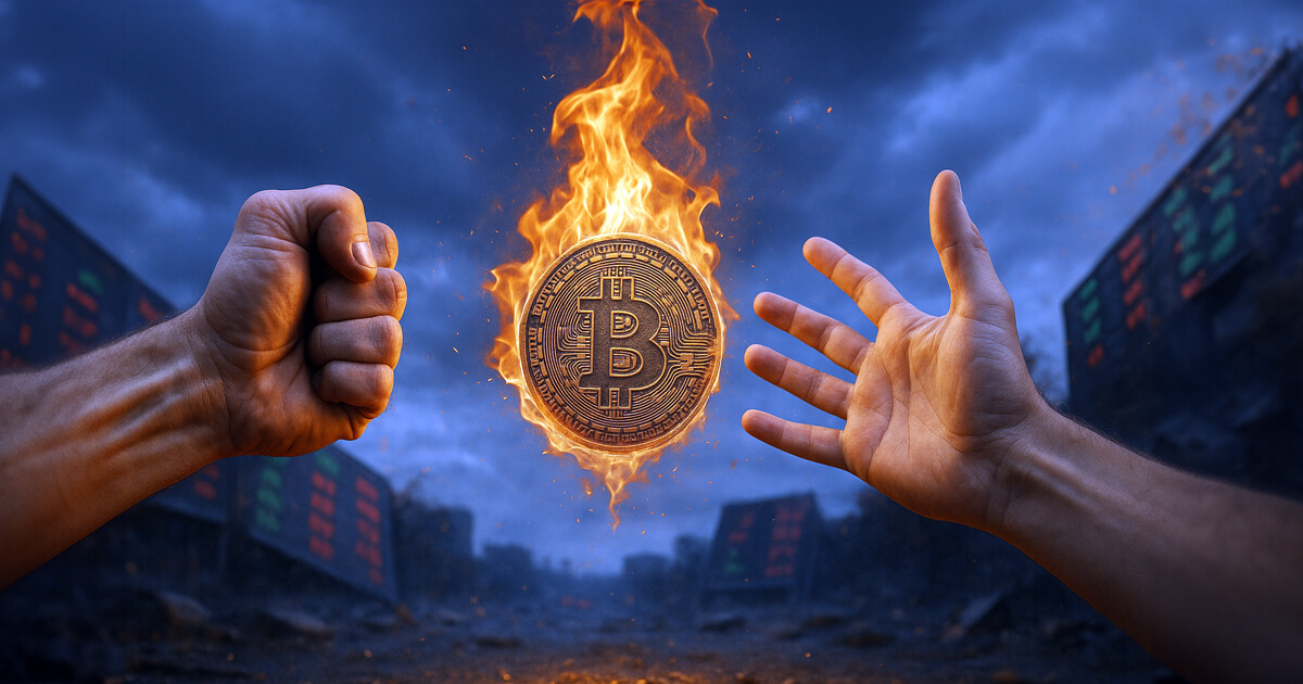 A flaming Bitcoin coin hovers between a clenched fist and an open hand, with red-green market boards glowing in a smoky, stormy background.