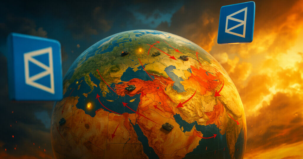 A dramatic globe shows conflict zones highlighted in red with arrows tracing troop movements across the Middle East and Eastern Europe, while Polymarket logos float above, symbolizing prediction markets intersecting with humanitarian crisis maps.