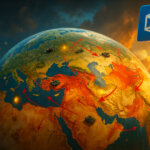 A dramatic globe shows conflict zones highlighted in red with arrows tracing troop movements across the Middle East and Eastern Europe, while Polymarket logos float above, symbolizing prediction markets intersecting with humanitarian crisis maps.