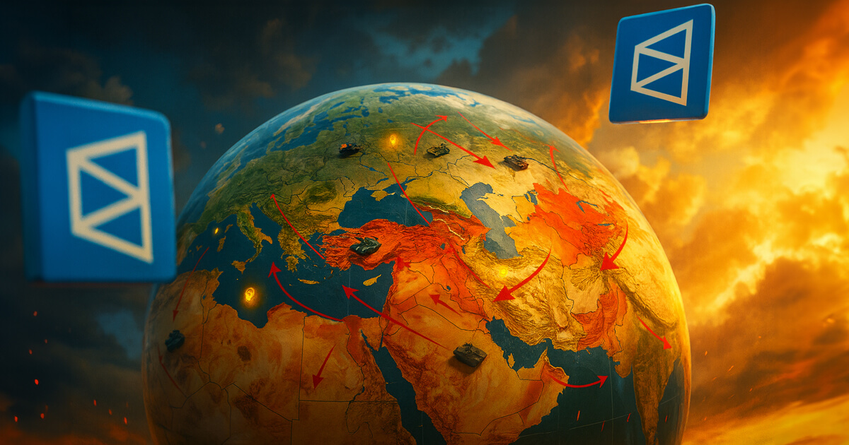 A dramatic globe shows conflict zones highlighted in red with arrows tracing troop movements across the Middle East and Eastern Europe, while Polymarket logos float above, symbolizing prediction markets intersecting with humanitarian crisis maps.