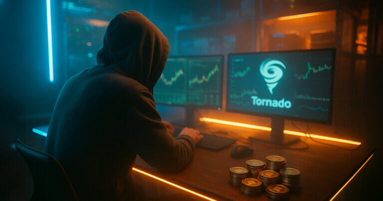 hacker den with dramatic LED strip lighting and soft glow where a hooded figure faces three monitors of charts and a vortex icon, while neatly stacked Ethereum coins gleam on the wooden desk.
