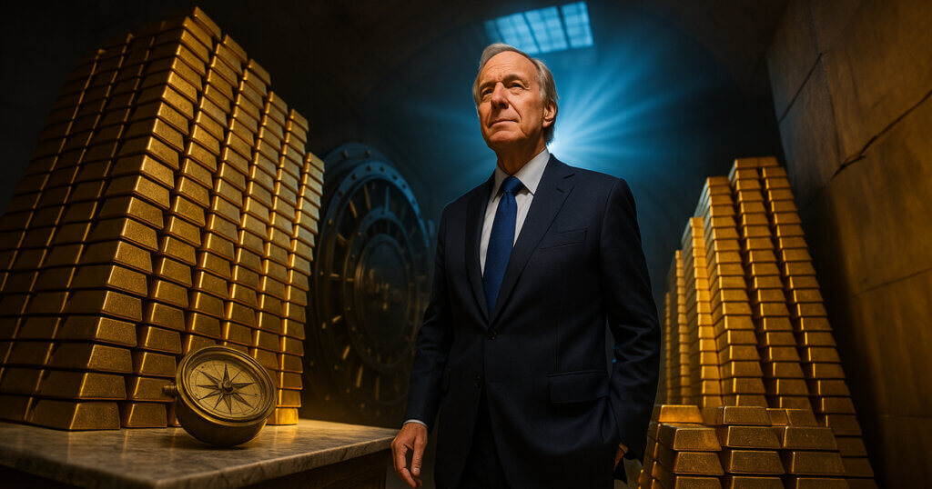 Ray Dalio in a navy suit amid towering gold bars and a brass compass with cool skylight beams cutting through warm reflections.