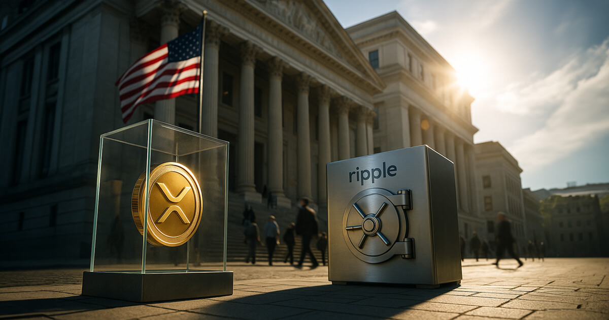a grand U.S. neoclassical building where a glass case with a glowing gold XRP coin and a stainless Ripple vault sit on the plaza, bathed in vivid daylight with a soft cinematic bloom and the American flag rippling above.
