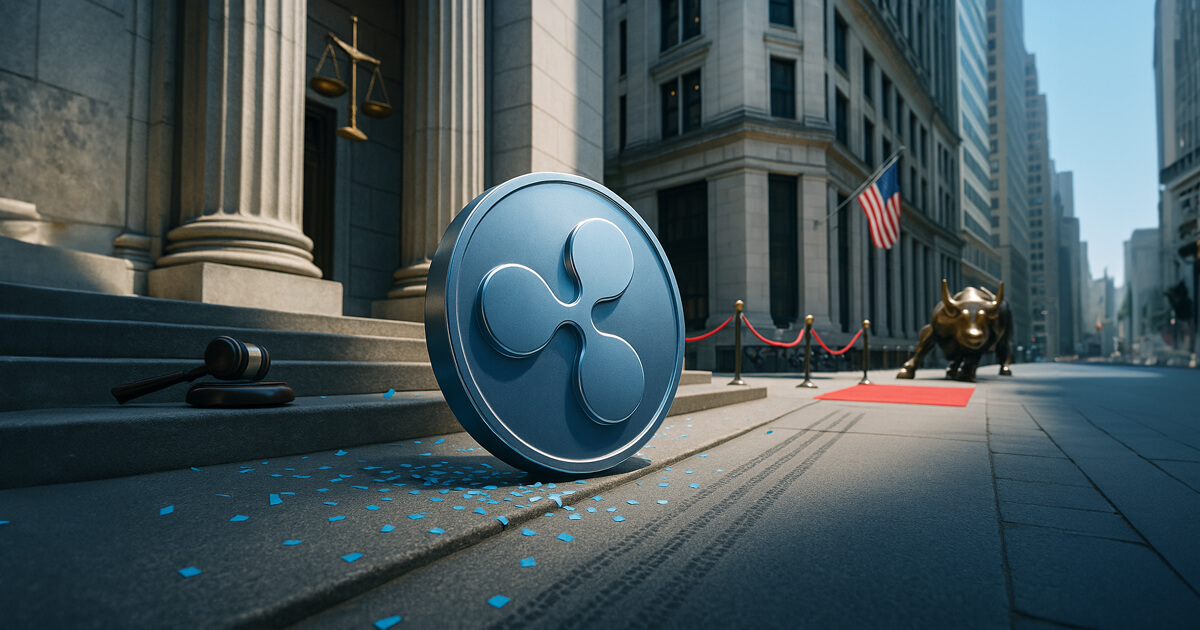 a silver-blue Ripple coin tipped on courthouse steps with blue confetti and a gavel nearby while, down the block, a red-carpeted Wall Street entrance and the bronze bull sit out of focus, implying victory yet distance from the financial hub.