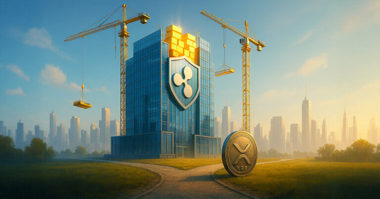 A bright cinematic cityscape shows a glass and steel fortress with the Ripple logo being reinforced by cranes stacking glowing gold blocks, while an XRP coin sits at a fork in the path suggesting uncertainty about its direction.