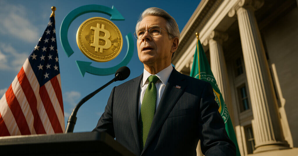 A low-angle wide shot on the Treasury steps shows Scott Bessent at a plain podium between U.S. and Treasury flags as a luminous gold Bitcoin medallion spins within a teal 180° arrow behind him under bright sky.