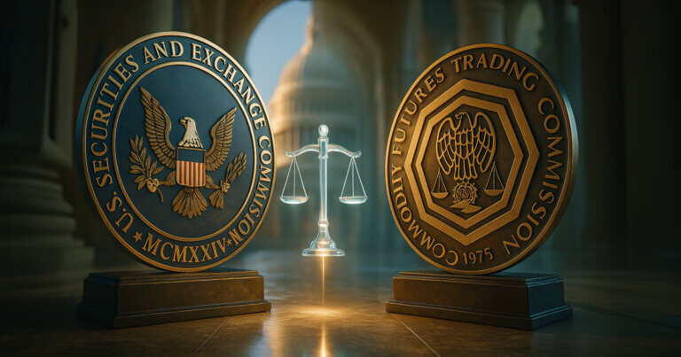 gleaming SEC and CFTC bronze seals facing each other on marble plinths beneath the Capitol dome, with a luminous glass scale floating between them to symbolize jurisdictional balance.