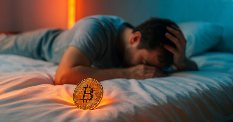 A man lies face-down on a bed in distress while a glowing Bitcoin coin stands upright in the foreground, illuminated by warm orange light.