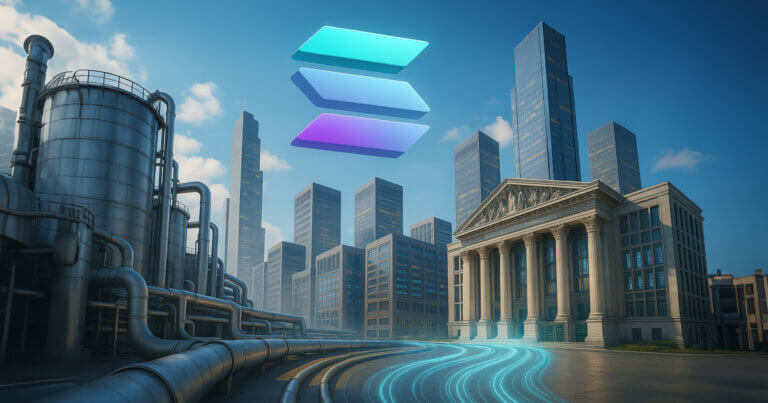 Solana logo glowing above sleek skyscrapers, bright sunlight and soft cinematic glows reflecting off steel pipes and glass towers for a dramatic yet realistic atmosphere.