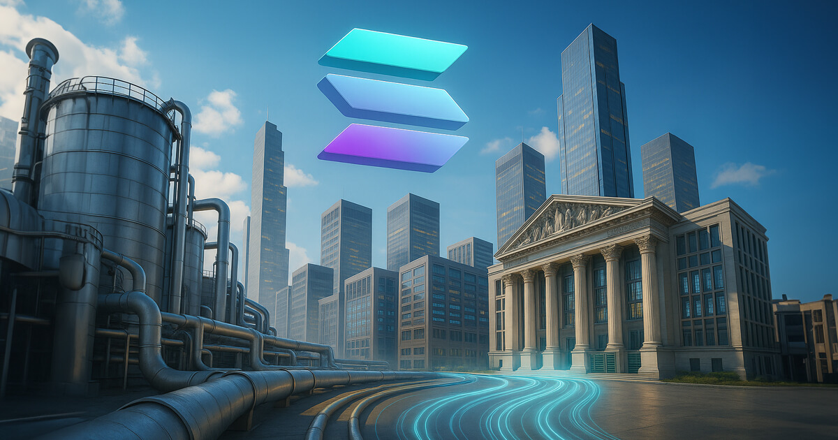 Solana logo glowing above sleek skyscrapers, bright sunlight and soft cinematic glows reflecting off steel pipes and glass towers for a dramatic yet realistic atmosphere.