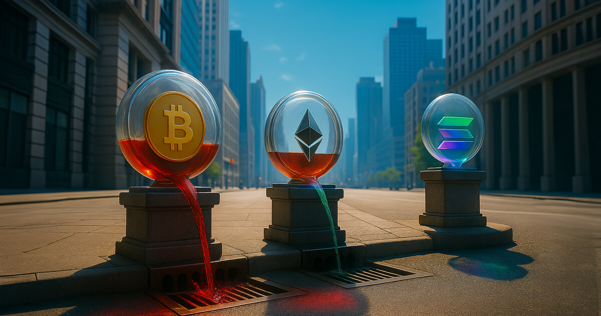 BTC/ETH spheres pour vivid red outflows and SOL glows with subtle emerald uplift under a soft cinematic sheen.