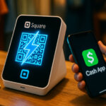 a retail checkout scene showing a Square terminal with a glowing Lightning QR code, a customer’s phone displaying the Cash App logo, and three golden Bitcoin coins on a wooden counter under warm store lighting.