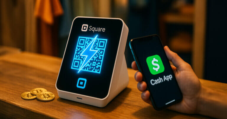 a retail checkout scene showing a Square terminal with a glowing Lightning QR code, a customer’s phone displaying the Cash App logo, and three golden Bitcoin coins on a wooden counter under warm store lighting.