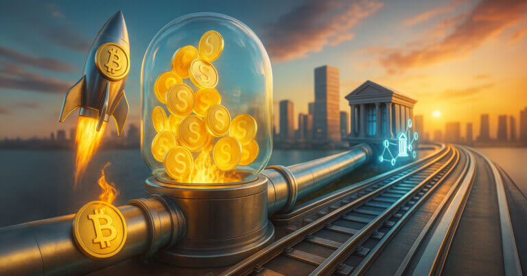 A bright cityscape shows a glass reservoir of glowing stablecoins feeding a silver pipeline that splits into a Bitcoin rocket launch on one side and sleek digital bank rails on the other.