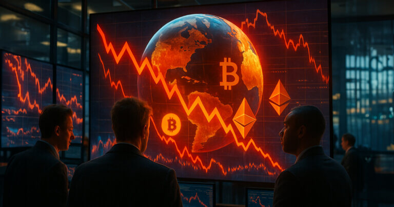 traders in a glass-walled control room staring at a towering ultra-sharp screen where a glowing orange-blue Earth, Bitcoin and Ethereum logos, and vivid red crashing price lines dramatize risk assets across stocks and crypto falling together.
