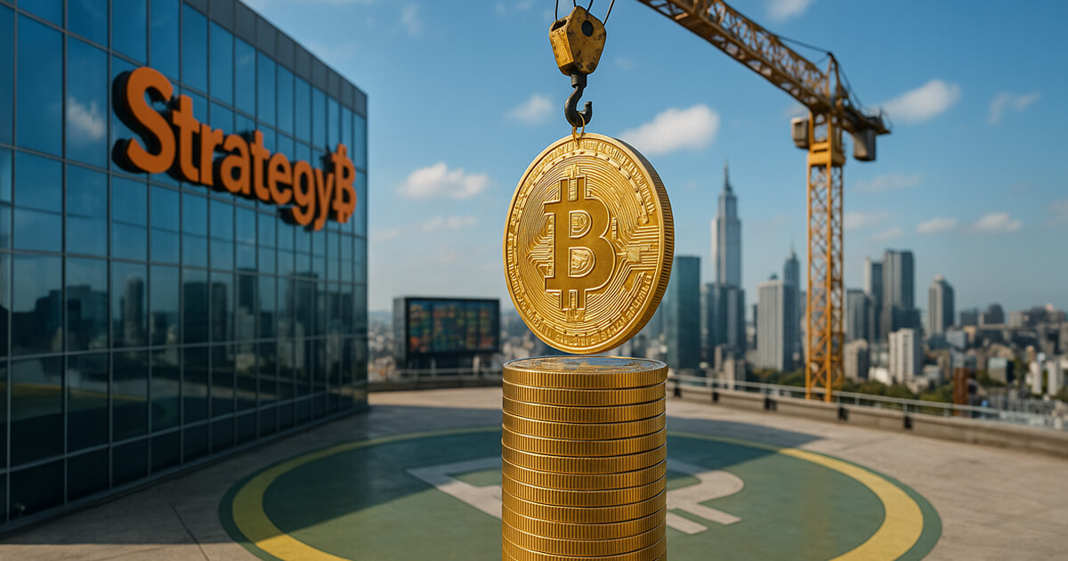 Hyper-real rooftop helipad scene with a crane lowering a gleaming gold Bitcoin onto a tall stack beside a glass headquarters facade featuring the Strategy logo, against a bright blue skyline with crisp reflections and vivid teal–orange accents.
