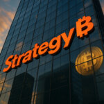 Low-angle, outdoor cinematic shot of a glass tower with the orange Strategy₿ logo gleaming against a vivid sky, its reflective facade showing a subtle golden Bitcoin coin glow without any arrows or paper overlays.
