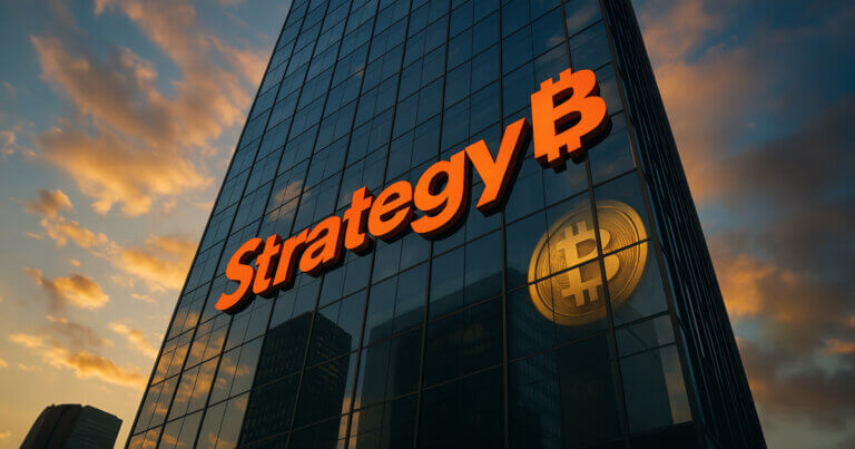 Low-angle, outdoor cinematic shot of a glass tower with the orange Strategy₿ logo gleaming against a vivid sky, its reflective facade showing a subtle golden Bitcoin coin glow without any arrows or paper overlays.